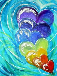 some heart shaped balloons floating in the water with blue and green waves behind them, as if they were painted on canvases