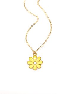 Handmade in Portland, Oregon. Celebrating Spring with this pretty flower necklace (available in several other colors as well!) MEASUREMENTS + MATERIALS - Length is about 16 inches and is adjustable. - Made with a gold fill chain for longevity and sensitive skin - Pretty yellow flower charm is gold plated WHAT PEOPLE SAY “Beautiful craftsmanship, these were for my mother in law, she loves them. I love supporting small businesses.” - Josh “Love these earrings!! I get so many compliments about them Yellow Gold Flower Charm Necklace, Dainty Yellow Flower Shaped Jewelry, Adjustable Flower-shaped Necklace For Spring, Adjustable Flower Shaped Necklace For Spring, Yellow Flower Shaped Jewelry With Adjustable Chain, Adjustable Flower Pendant Necklace For Spring, Gold Flower Necklace For Spring, Delicate Adjustable Flower Pendant Necklace, Yellow Adjustable Flower Pendant Necklace