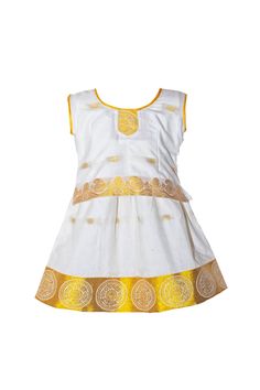 ❥ Terrifically handmade and carefully stitched for perfection. ❥ Size varies from newborn and goes up to 11 years. (6 months to 11 years).  ❥ Each product is Premade/ Ready-to-Wear, and we being the manufacturers, it is dispatched on the day of order confirmation. (SAME DAY DISPATCH!) ❥ we use premium quality chanderi art silk, which is made on farms in rural India. It's extensively soft and comfy. ❥ Soft Lining is attached with both lehenga (bottom) and choli (top).  ❥ Cotton Shimmie is attached with the lehenga until the age of 4 - 5 years for the comfort of the kids. ❥ A stylish angavastra ( waist belt) is attached to the item. ❥ This gem of an ethnic wear is raved across India as a spectacular Pattu Langa, Pattu Pavadai, and Lehenga Choli. Superimposed with style and traditional design Ceremonial Churidar With Embroidered Border For Transitional Season, White Sets With Embroidered Border For Transitional Season, Transitional White Sets With Embroidered Border, White Cotton Sets For Celebration, White Cotton Celebration Sets, Festive White Sets With Embroidered Border, Festive Kurta With Yoke Detail, Fitted Gold Traditional Wear With Embroidered Border, Gold Fitted Traditional Wear With Embroidered Border