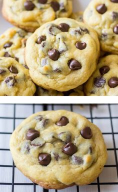 chocolate chip cookies on a cooling rack and in the middle one has been cut open