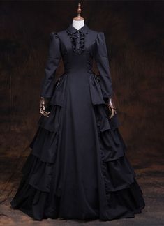 Black Gothic Victorian Steampunk Dress   Condition: Brand New  Color: amp;nbsp; As Picture  Material: Satins And Lace  Silhouette: Ball Gown  Sleeve Length: Full Sleeve  Dresses Length:Floor-Length  Neckline: Turndown-Collar  Decoration: Ruffles  Style: Vintage   Includes: Dress    amp;nbsp; Victorian Dress Costume, Black Victorian Dress, Victorian Dress Gown, Gothic Victorian Dresses, Masquerade Ball Gowns, Full Sleeves Dress, Long Sleeve Ball Gowns, Black Ball Gown, Steampunk Dress