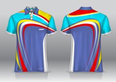 the front and back view of a blue, red, yellow and white polo shirt