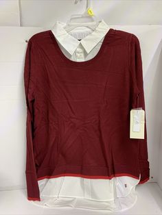 EV1 Two-fer Sweater, Collar Shirt Built In Sweater Combo, L(12/14) Burgundy Condition is "New with tags". Shipped with Standard Shipping. Crew Neck Shirt For Layering In Fall, Preppy Winter Workwear Top, Preppy Crew Neck Tops For Fall, Preppy Crew Neck Winter Tops, Sweater Collar, Collar Shirt, Collar Shirts, Sleeve Blouse, Long Sleeve Blouse