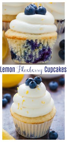 lemon blueberry cupcakes with white frosting and fresh blueberries