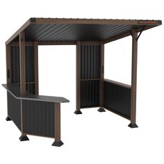 an outdoor gazebo with two benches and a table underneath it, on a white background