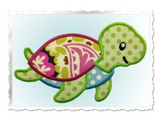 a green turtle with pink and blue spots on it's shell is flying through the air