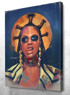 a painting of a woman with dreadlocks on her head, wearing sunglasses and an afro hairstyle