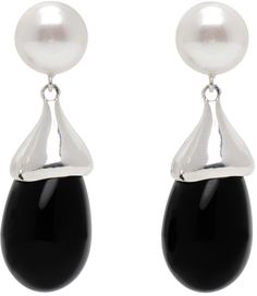 Pair of handcrafted drop earrings in sterling silver. · Freshwater pearl at face · Black crystal charm at drop · Post-stud fastening · H1.75 x W0.5 Supplier color: Sterling silver Sterling Silver Teardrop Pearl Earrings For Evening, Polished Finish Pearl Drop Earrings, Classic Clip-on Drop Jewelry, Luxury Drop Pearl Earrings, Classic Drop Shape Clip-on Jewelry, Sterling Silver Dangle Pearl Earrings For Evening, Formal Teardrop Sterling Silver Pearl Earrings, Formal Silver Drop Clip-on Earrings, Elegant Silver Single Drop Earring