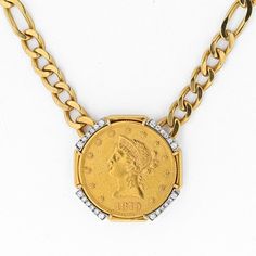 Capture the essence of elegance and history with the David Webb Platinum & 18K Yellow Gold Liberty Head Coin Necklace. This exquisite piece showcases a U.S. $10 coin, featuring the iconic Liberty Head on the front and a majestic eagle on the reverse. To add a touch of sparkle and brilliance, round diamonds delicately accent the coin, creating a stunning contrast against the precious metals.Crafted with meticulous attention to detail, this necklace is a true testament to David Webb's exceptional Luxury Collectible Medallion Necklace, Luxury Yellow Gold Medallion Necklace, Collectible Coin-shaped Elegant Necklace, Luxury Medallion Necklace For Formal Occasions, Luxury 14k Gold Engraved Coin Necklace, Luxury Medallion Necklace With Coin Pendant, Luxury 14k Gold Medallion Necklace, Luxury Engraved 14k Gold Coin Necklace, Luxury Yellow Gold Coin Medallion Necklace