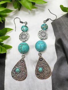 Stunning faux turquoise dangly 3" earrings southern style Cheap Southwestern Dangle Jewelry, Southwestern Style Beaded Dangle Jewelry, Adjustable Bohemian Beaded Metal Earrings, Bohemian Metal Earrings With Round Beads, Handmade Turquoise Metal Chandelier Earrings, Adjustable Bohemian Dangle Earrings, Turquoise Metal Beaded Bohemian Earrings, Turquoise Beaded Southwestern Earrings, Southwestern Dangle Beaded Earrings For Festivals