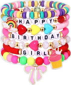 Bracelets Preppy, Happy Birthday Girl, Fruit Beads, Bracelets Trendy, Heishi Bracelets, Layering Bracelets, Bow Cakes, Preppy Bracelets, Rainbow Metal