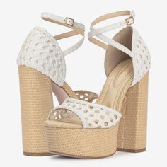 Chic And Elegant, The Aditi Platform Sandal From Jessica Simpson Is A Must-Have In Your Shoedrobe. This Color-Blocked Sandal Flaunts Basket Woven Details On The Upper For An Enhanced Look And A Towering Block Heel With Unique Textures That Adds To The Style. Synthetic Upper Adjustable Buckle Strap Closure Almond Open Toe Synthetic Lining Comfortable Padded Footbed 1.8" Platform, 5.6" Block Heel Synthetic Sole Imported Nwob Store Marking At Outsoles Padded Heel Ankle Strap Heels For Vacation, Ankle Strap Heels With Padded Heel For Vacation, Heels With Padded Heel And Ankle Strap For Vacation, Vacation Heels With 4-inch Heel, Chic Heels With 4-inch Heel For Vacation, Vacation High Heels, White Open Heel Wedge Sandals With Padded Heel, White Sandals With 4-inch Heel For Spring, White Closed Toe Wedge Sandals For Spring