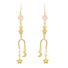 14k Gold Filled Earwire Anti-tarnish, Anti-allergy. Celestial Drop Earrings Tarnish Resistant, Celestial Drop Earrings, Gold Celestial Earrings For Everyday Wear, Celestial Style Hypoallergenic Drop Earrings, Everyday Gold Celestial Earrings, Celestial Hypoallergenic Earrings For Everyday, Hypoallergenic Celestial Earrings For Everyday, Celestial Style Earrings With Ear Wire For Everyday, Pink Dangle Gold Plated Earrings