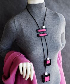 "Extraordinary multi design necklace, Long transformable necklace, Contemporary minimalist necklace, Casual style adjustable necklace... Stunning multi design long slider geometric and asymmetric necklace.  Simply by moving parts you can adjust and transform this necklace in several styles. This lovish minimalist necklace in black color with pink accent and white acrylic cube bids. Necklace is on tick leather cord, without any metal parts ( hypoallergenic ).  Very comfortable and attractive neck Trendy Adjustable Long Necklace, Modern Adjustable Necklace As Gift, Modern Necklace With Adjustable Length For Gift, Modern Adjustable Length Necklace For Gift, Modern Necklaces With Adjustable Length, Modern Adjustable Lariat Necklace, Modern Adjustable Pendant Necklaces, Chic Adjustable Long Necklace As Gift, Adjustable Minimalist Necklace With Rectangular Pendant