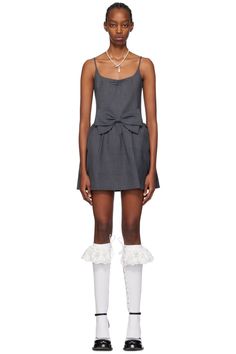 SHUSHU/TONG: Gray Bowtie Minidress | SSENSE Square Neck Mini Dress With Tie Straps For Daywear, Fitted Dress With Adjustable Straps For Daywear, Fitted Mini Dress With Bow For Daywear, Formal Fitted Dress With Tie Straps, Fitted Square Neck Suspender Dress For Evening, Chic Fitted Suspender Dress With Tie Back, Chic Fitted Tie-back Suspender Dress, Fitted Tie Back Suspender Dress For Evening, Elegant Dresses With Bow Straps For Daywear