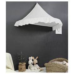 two stuffed animals are sitting under a white awning in a room with gray walls