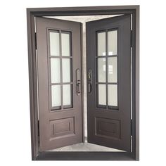 an open double door with two sidelights on each side and one side is dark brown