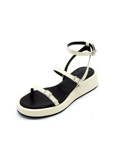 Editor's NoteBuckle strap platform sandals will complete your summer outfit- Simple strappy sandals- Designed with chic almond toe- Adjustable ankle strap to find the most comfortable fit- Contrast color insole- Perfect for summerMeasurement (inch)- KR220(US 5)-KR255(US 8.5)- Height 1.4in.* Fits true to the size* Please refer to the size chartComposition & Care- Cow Skin (Cream) + Lamb Skin (Black)* Deformation or discoloration might happen if in contact with humid air or high temperature* A Outfit Simple, Cow Skin, Designer Sandals, Skin Cream, Strappy Sandals, Summer Outfit, High Temperature, Platform Sandals, Contrasting Colors