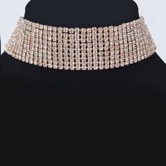 Brand New Rose Gold Choker Necklace Detailed With Rows Of Shiny Rhinestones 15.75” High Quality N100 Glamorous Rose Gold Necklaces For Party, Glamorous Rose Gold Party Necklace, Rose Gold Crystal Necklaces For Party, Rose Gold Rhinestone Necklace For Party, Elegant Rose Gold Crystal Necklaces For Party, Elegant Rose Gold Rhinestone Necklace For Party, Elegant Rose Gold Crystal Necklace For Parties, Rose Gold Crystal Necklaces With Rhinestones, Rose Gold Rhinestone Crystal Necklaces