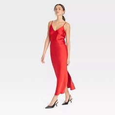 Women's Midi Slip Dress - A New Day™ Red M : Target Fitted Slip Dress For Date Night, Spring Bias Cut Maxi Dress For Night Out, Casual V-neck Slip Dress For Night Out, Chic Red Slip Dress With Bias Cut, Red Satin Slip Dress For Spring, Casual Slip Dress With Spaghetti Straps For Date Night, Casual Fitted Sleeveless Slip Dress, Red Sleeveless Maxi Dress With Bias Cut, Sleeveless Bias Cut Red Maxi Dress