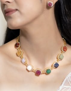 Stone Jwellary Design, Mylanchi Outfit, Navratan Jewellery, Navratna Jewellery, Long Chain Gold, Sapphire Jewelry Set, Fashion Jewelry Necklaces Gold, Gold Jewelry Prom