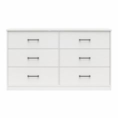 a white dresser with four drawers and two handles on the top, in front of a white background