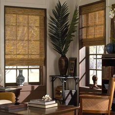 a living room filled with furniture and windows covered in bamboo blindes next to a coffee table