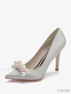 Lasaky - Elegant Satin Wedding Shoes with Pointed Toe, Pearls, and Stiletto Heel - Perfect for Bridal Ensembles Closed Toe Wedding Shoes With 4-inch Heel For Banquet, Fitted Wedding Shoes With Round Toe, Fitted Round Toe Wedding Shoes, Banquet Wedding Shoes With 4-inch Heel And Closed Toe, Elegant Open Toe Wedding Shoes For Banquet, Fitted High Heel Wedding Shoes For Ceremony, Wedding Court Shoes With Low Heel, Low Heel Wedding Court Shoes, Fitted Low Heel Court Shoes For Wedding