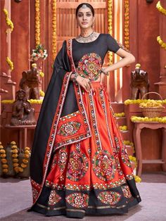 Fabulous Red Gamthi Work Silk Navratri Wear Rajwadi Chaniya Choli Lehenga Black, Choli For Navratri, Gamthi Work, Navratri Festival, Navratri Chaniya Choli, Red Lehenga, Chaniya Choli, Silk Lehenga, Silk Dupatta