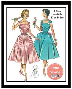 Paper Pattern Now available in 2 sizes 32 or 34 inch Bust 1950s Summer Dress with wide square neckline, belted waist and gathered skirt, with large patch pockets. Buttons trim the pockets and tabs on shoulders. Available sizes Bust 34 ins. Wast 27 ins. or Bust 32 ins. Waist 25 ins. Suggested Summer Dress Sewing Pattern, Summer Dress Sewing, 1950s Summer, Summer Dress Sewing Patterns, Vintage Dress Design, Simple Summer Dresses, Frock Patterns, Lindy Hop, Rockabilly Pin Up