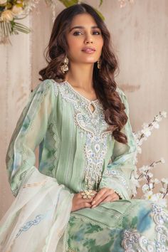 Sea Salt | Pakistani Designer Outfit | Sarosh Salman Net Sleeves, Top Net, Asim Jofa, Shirt Trouser, Chiffon Collection, Embroidered Chiffon, Pure Chiffon, Pistachio Green, Silk Trousers