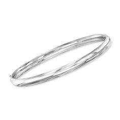 Ross-Simons - 5mm 14kt White Gold Polished Bangle Bracelet. 7". Polished to a high shine, this 14kt white gold bangle bracelet is an essential style in a bright hue. Enhance your enduring collection with this glossy must-have statement. Hinged with an extension bar safety. Push-button clasp, 14kt white gold bangle bracelet. Classic Hinged Bangle Bracelet, Classic Polished Hoop Bracelets, Classic Stackable Sterling Silver Bracelet, Classic Hinged Bracelets For Anniversary, Classic Hoop Bracelets With Polished Finish, Hoop Bracelets With Polished Finish For Formal Occasions, Classic Hinged Bangle Jewelry, Classic Round Hinged Bangle, Classic Hinged Bangle