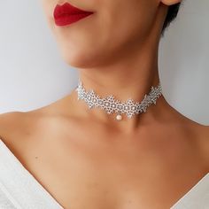 Lace pearl choker necklace - Radiate your beauty in this beautifully detailed Lace pearl choker necklace. Dress it up or dress it down its boho chic for any occasion. ------------------------------------♥ ♥♥ D E S C R I P T I O N ♥ ♥♥ --------------------------------------------------- ♥Choker Length : 15 inch ♥Width : 1 inch ♥Freshwater pearl ♥Crystal stones ♥Silver plated lobster clasp ♥ Includes a 2 inch ( 5 cm) extension chain for any adjustments ♥ The grunge boho choker is handmade ♥ Please Pearl Choker With Pearl Pendant, Delicate Pearl Beaded Choker, Delicate Pearl Choker For Parties, White Pearl Choker Necklace For Party, Pearl White Beaded Choker For Party, Lace Choker Necklace For Party, Party Pearl White Beaded Choker, Party Lace Choker Necklace, Pearl White Choker With Pearl Chain For Party