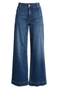 Make a casual-chic statement in these faded jeans featuring wide legs and low-stretch denim. 30 1/2" inseam; 22" leg opening; 11" front rise: 14 1/2" back rise (size 2) 93% cotton, 6% polyester, 1% spandex Machine wash, tumble dry Imported Wide Hem Jeans, Clothes For Short Women Body Types, Fashion In My 40s For Women, Best Wide Leg Jeans For Women, 2024 Pants Trend, Petite Wide Leg Jeans, Chic Jeans Outfit Classy, Wide Leg High Waist Jeans Outfit, Style For Women In Their 30s