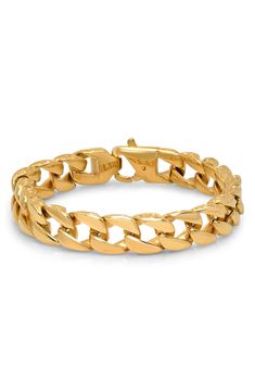 A heavy curb chain bracelet is cast in durable yellow gold plated stainless steel. 18K yellow gold plated stainless steel curb chain bracelet. Lobster clasp. Approx. 8.5" L x 0.4" W. Imported Modern Gold Curb Chain Jewelry, Gold Cuban Link Modern Jewelry, Modern Gold Cuban Link Jewelry, Classic Yellow Gold Cuban Link Bracelet With Adjustable Chain, Classic Adjustable Cuban Link Bracelet In Yellow Gold, Classic Gold Plated Chain Bracelet With Curb Chain, Classic Gold Plated Curb Chain Bracelet, Classic Gold-plated Curb Chain Bracelet, Gold-plated Box Chain Bracelet