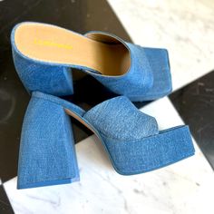 Brand New Denim With Original Packaging: Platform Chunky Heels Mules Sandal Miss Lola Shoes In Sz 7 Women Never Worn, No Damages, Perfect Condition Denim Blue Platform Sandals In Denim Material, Denim Blue Platform Sandals, Denim Platform Heels With Open Toe, Summer Denim Block Heel Heels, Summer Denim Block Heel Shoes, Denim Blue Open Toe Platform Heels, Summer Denim Block Heel, Denim High Heel Platform Sandals, Denim Blue Platform Sandals For Spring