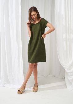 Simple linen tunic dress Teresa Green Linen Dress With Relaxed Fit For Vacation, Green Relaxed Fit Linen Dress For Vacation, Linen Shift Dress For Daywear, Green Linen Dress For Daywear, Relaxed Fit Linen Tunic Dress, Short Sleeve Linen Shift Dress, Green Relaxed Fit Linen Dress, Simple Linen Dress, Summer Dress Linen