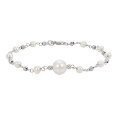 "This beautiful sterling silver freshwater cultured pearl bead bracelet is the perfect way to add a gorgeous new element to your daily look. This beautiful sterling silver freshwater cultured pearl bead bracelet is the perfect way to add a gorgeous new element to your daily look. Length: 7.5 in. Clasp: lobster-claw Metal: sterling silver Plating: rhodium Finish: polished, diamond-cut Packaging: boxedCULTURED PEARL DETAILS Type: freshwater Size: 4 mm - 4.5 mm & 8 mm - 9 mm Shape: near-round C White Gold Pearl Bracelets With Round Beads, Elegant Polished Pearl Bracelet, Elegant Pearl Bracelet With Polished Beads, Elegant Hypoallergenic Pearl Bracelets, Sterling Silver Bracelets With Pearl Drop And Round Beads, Pearl Drop Sterling Silver Bracelet With Round Beads, Elegant Sterling Silver Hypoallergenic Pearl Bracelet, Elegant Hypoallergenic Beaded Bracelets For Anniversary, Hypoallergenic Pearl Bracelet For Anniversary