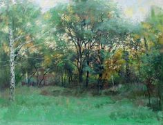 an oil painting of trees and grass in the woods