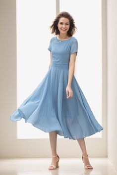 Summer Bridesmaid Chiffon Dress With Flowy Skirt, Blue Chiffon A-line Maxi Dress, Summer Wedding Knee-length Chiffon Dress, Spring A-line Chiffon Dress For Wedding Guest, Elegant Summer Chiffon Dress For Wedding Guest, Spring Wedding Guest A-line Chiffon Dress, Spring Bridesmaid Chiffon Dress With Flowy Skirt, Knee-length Chiffon Dress For Wedding, Elegant Chiffon Midi Dress With Flowy Skirt