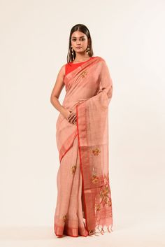 Explore our handcrafted sarees blending timeless elegance with exquisite hand-embroidery by skilled artisans. Crafted from premium cotton linen for comfort and style, perfect for adding sophistication to your wardrobe. Semi-stitched Cotton Silk Pre-draped Saree With Floral Embroidery, Floral Embroidered Slub Silk Saree, Festive Linen Traditional Wear With Resham Embroidery, Embroidered Slub Silk Pre-draped Saree, Traditional Pre-draped Cotton Silk Saree With Embroidered Border, Embroidered Cotton Silk Pre-draped Saree For Diwali, Diwali Cotton Silk Pre-draped Embroidered Saree, Traditional Embroidered Linen Wear, Embroidered Linen Traditional Wear