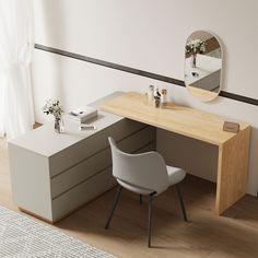 a white chair sitting in front of a desk with a mirror on top of it