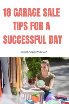 a woman sitting at a table with an object in front of her and the words garage sale tips for a successful day