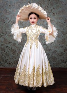 Girls Christmas Masquerade Dress Kids Rococo Baroque Style Ball Gown Dress     Condition: Brand New   Color: amp;nbsp; Beige   Material: This Girls Baroque Style Dress is made of amp;nbsp; High Quality Satin, soft and comfortable to wear   Sleeve Length: Full Sleeve   Dresses Length:Ankle-Length   Neckline: amp;nbsp; Stand Collar   Decoration: Ruffles + Lace   Style: This dress is perfect for civil war,victorian,medieval,regency,renaissance, wedding, cosplay, themed party, photograph, stage perf Fitted Gold Victorian Dress For Costume Party, Princess Floor-length Dress For Fancy Dress, Princess Style Floor-length Dress For Fancy Dress, Princess Style Floor-length Fancy Dress, Fitted Floor-length Dress For Dress-up Events, Fitted Floor-length Dress For Dress-up, Princess Style Ball Gown For The Holidays, Elegant Gold Dress For Fancy Dress Occasions, Elegant Festive Holiday Dress With Ruffles