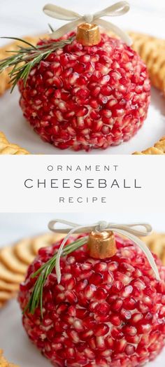 an ornament shaped cheese ball with rosemary sprigs on top