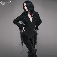 Irregular Hem Lace Triangular Tassels Jacquard Sexy Women Long Sleeves Black Blouse Gothic Coquette, Gothic Blouse, Goth Fits, Gothic Tops, Lace Blouse Long Sleeve, Victorian Goth, Elegant Gothic, Black Blouse Long Sleeve, Fitted Blouses