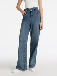 Baggy High-rise Dark Wash Flare Jeans, Baggy High Rise Flare Jeans In Dark Wash, Dark Wash Baggy High Rise Flare Jeans, Non-stretch Straight Leg Everyday Jeans, High Rise Denim Bottoms For Everyday, Everyday Full Length Medium Wash Bottoms, Non-stretch High Rise Pants For Everyday, Everyday High Rise Dark Wash Pants, Mid-rise Denim Pants For Everyday