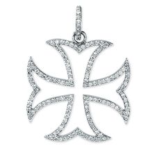 Add a touch of shimmer to your wardrobe with this beautiful Maltese Cross that is crafted from 14 white karat gold and accented with 3/4 ct tw diamonds. It measures 34mm x 25.5mm, including the bail and weighs approximately 4 grams. Chain not included. Women Gold Pendant, Gold Beauty, Beautiful Cross, Maltese Cross, Bow Jewelry, Gold Bracelet For Women, Gold Charm Necklace, Diamond Cross Pendants, Ladies Diamond Rings