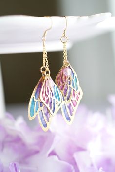 Fairy Wing Dangle Earrings, Fairycore Jewellery, Butterfly Earrings, Elegant Bridal Earrings, Fantasy Earrings, Statement Earrings Fairycore Dangle Earrings With Ear Wire, Whimsical Iridescent Earrings With Ear Wire, Fairy Style Jewelry With Matching Earrings Gift, Fairy Style Drop Earrings For Gifts, Nickel-free Fairycore Earrings For Jewelry Making, Handmade Fairy Drop Earrings, Fairy Style Handmade Dangle Earrings, Handmade Fairy Style Drop Earrings, Gold Fairy Earrings For Gift