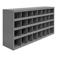 a large gray shelf with many bins on the bottom and one section is empty